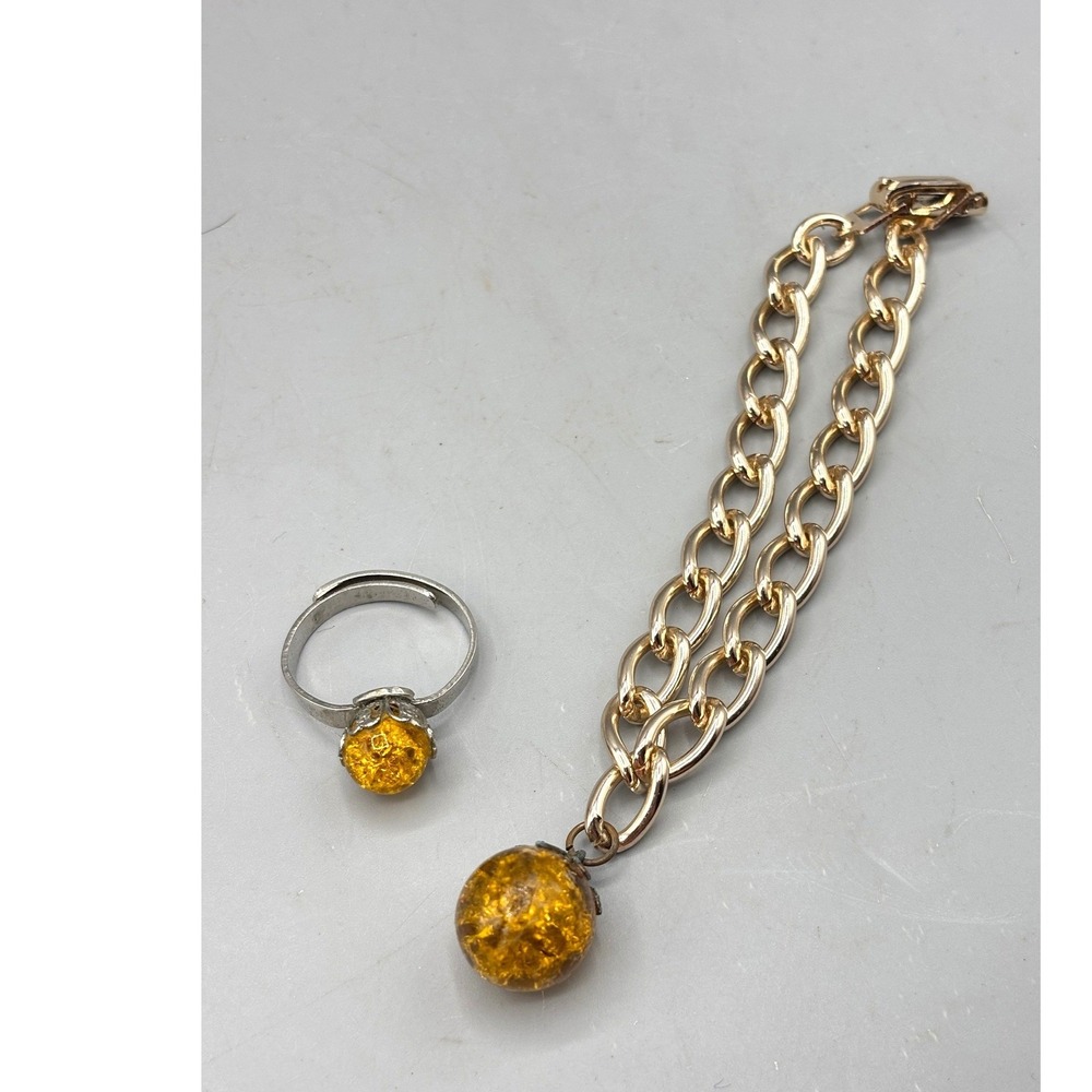 Vtg Golden Crackle Orb Jewelry Set Curb Chain Bracelet & Adjustable Ring